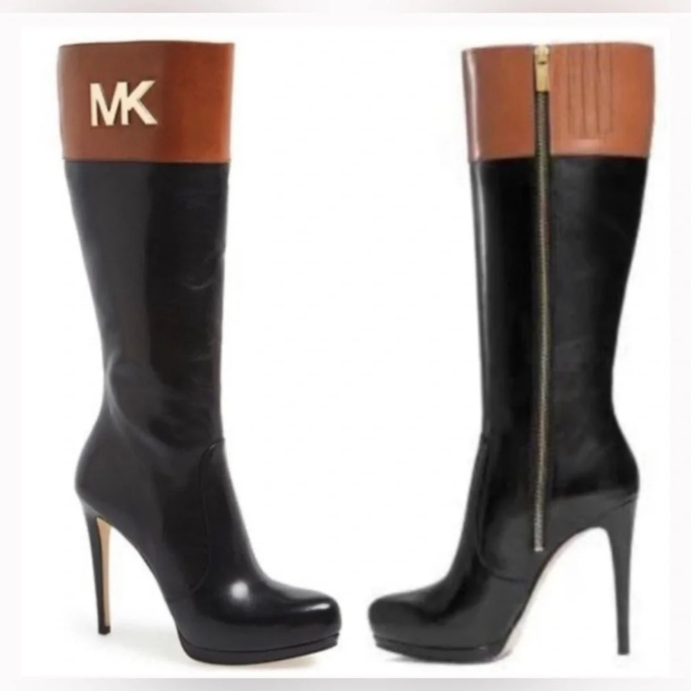 Michael Kors Hayley Black Boots Knee High MK Platform Size 8.5